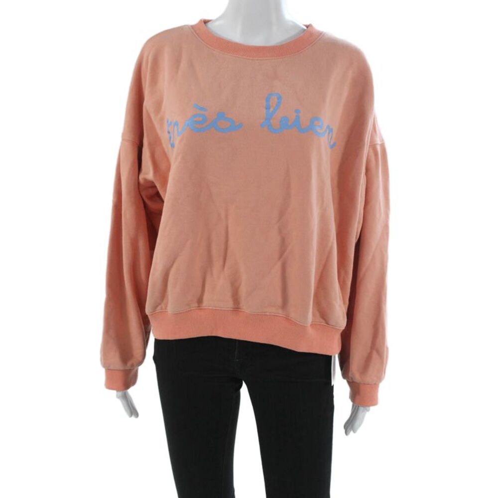 Maison Me Womens French Graphic Pullover Sweatshirt Orange Crew Neck Size L